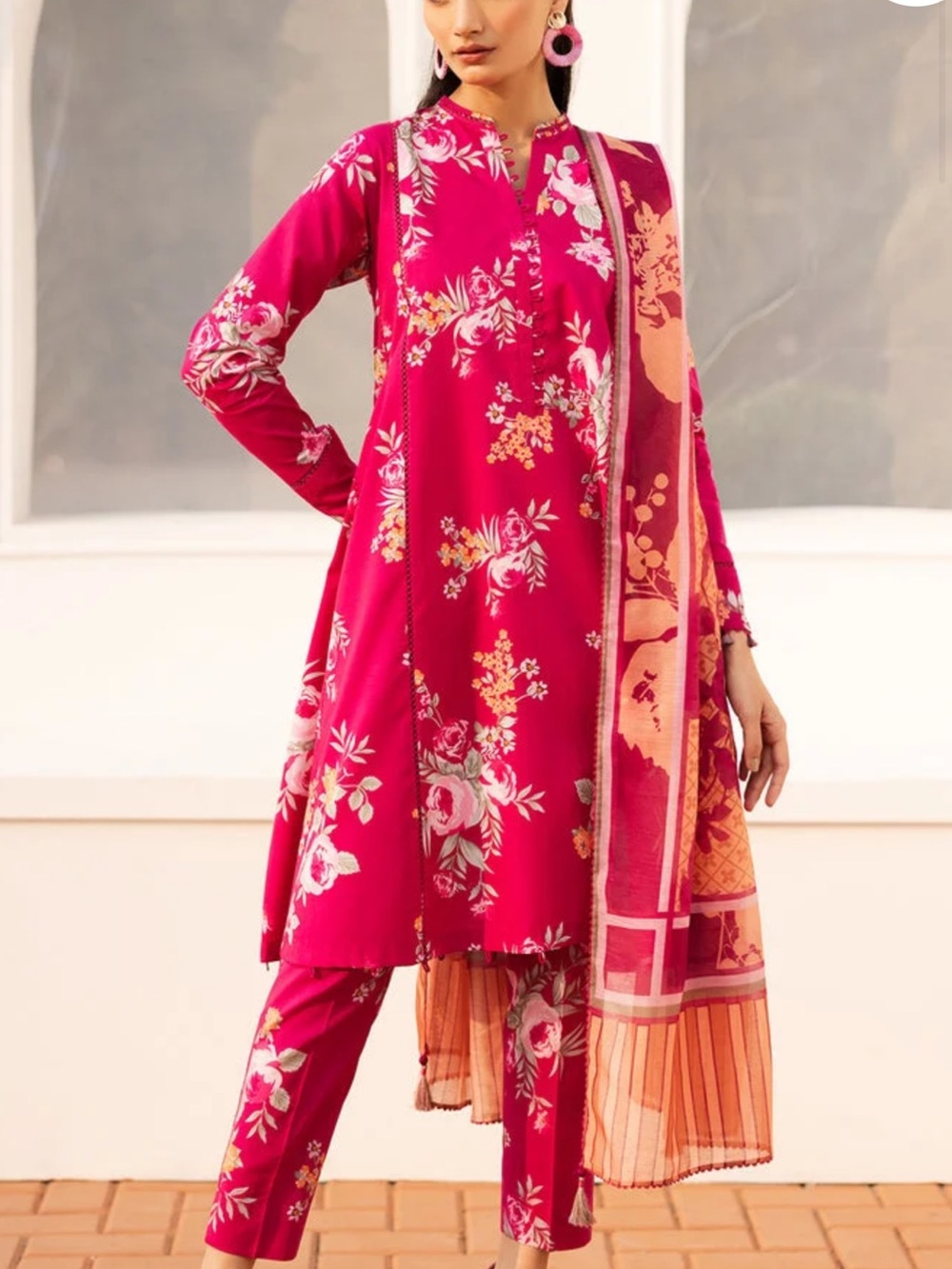 Women's Floral Fuchsia Pajama Set with Coordinating Scarf